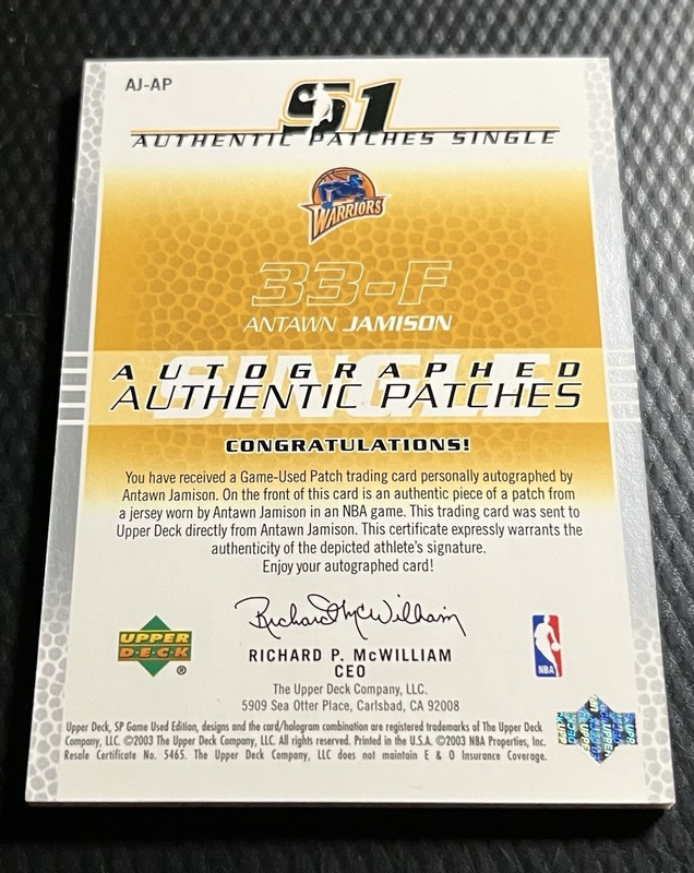 2003 Antawn Jamison Warriors 42/50 UD SP Game Used Auto / 3-Color Patch #AJ-AP view 2