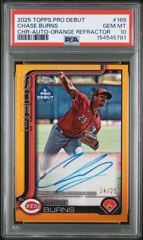 Chase Burns 2025 Topps Pro Debut Chrome Auto Orange /25 PSA 10 #PDC-169 Reds