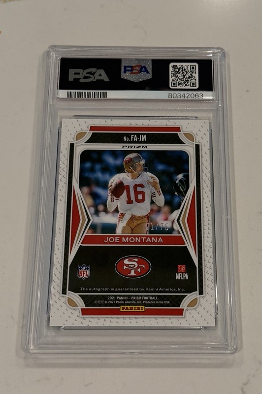 2021 Prizm Joe Montana Flashback Blue Ice Auto PSA 10 # 21/85 view 2