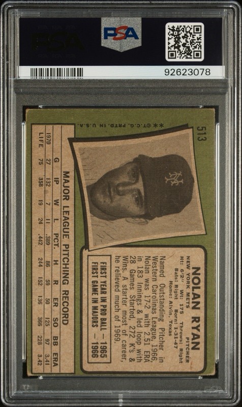 1971 Topps Nolan Ryan New York Mets #513 PSA 2.5 GOOD+ ~ Vintage view 2