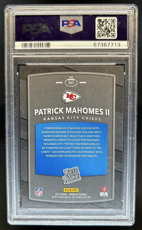 2017 Panini Donruss Patrick Mahomes II RC Rated #327 Chiefs PSA 10 Rookie view 2