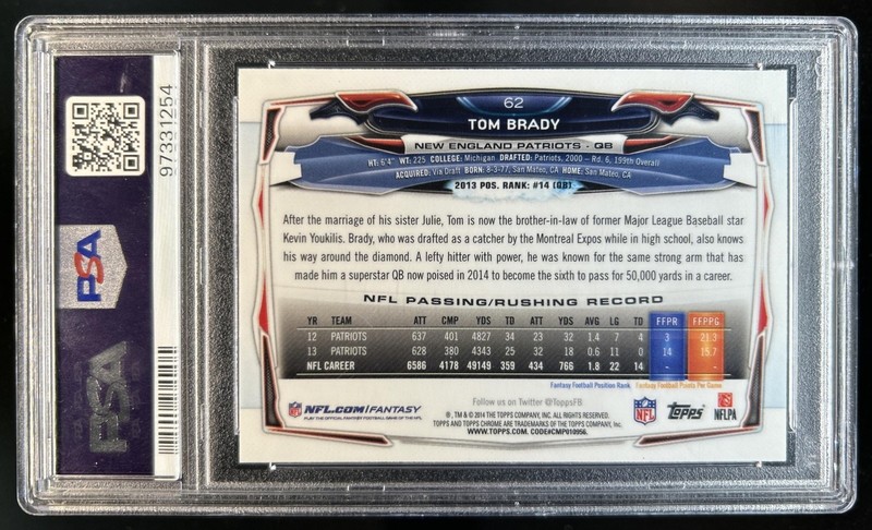 2014 Topps Chrome Tom Brady Blue Wave Refractor #62 Patriots PSA 10 GEM MINT view 2