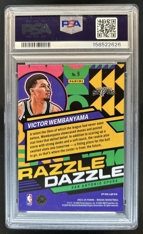 2023-24 Panini Mosaic Victor Wembanyama Razzle Dazzle RC Rookie #9 Spurs PSA 9 view 2