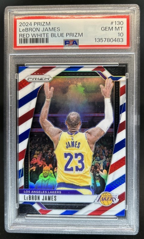 2024-25 Panini Prizm LeBron James Red, White and Blue #130 Lakers PSA 10