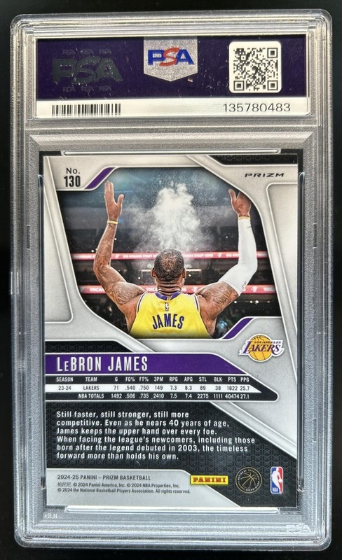 2024-25 Panini Prizm LeBron James Red, White and Blue #130 Lakers PSA 10 view 2