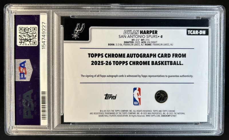 2025-26 Topps Chrome Sapphire Dylan Harper Rookie Auto RC #TCAR-DH Spurs PSA 9 view 2