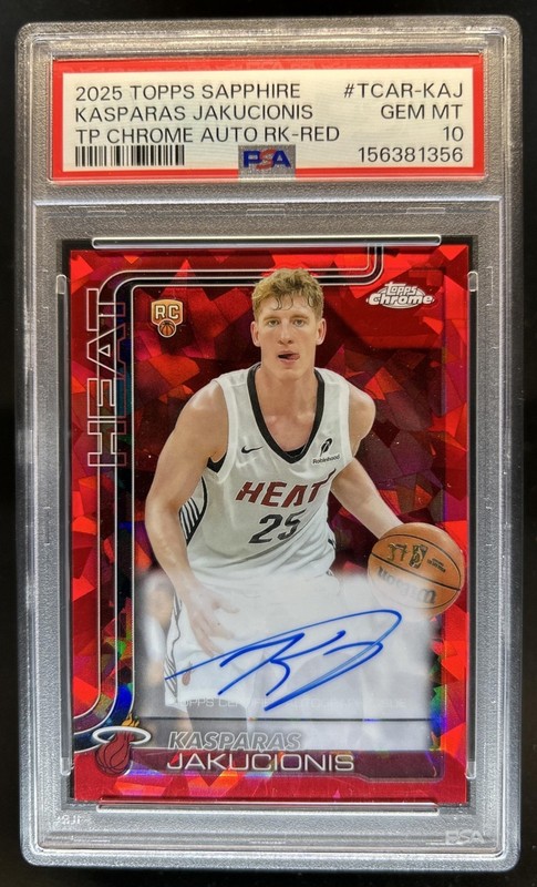 2025-26 Topps Chrome Sapphire Kasparas Jakucionis Rookie Auto Red #/5 PSA 10