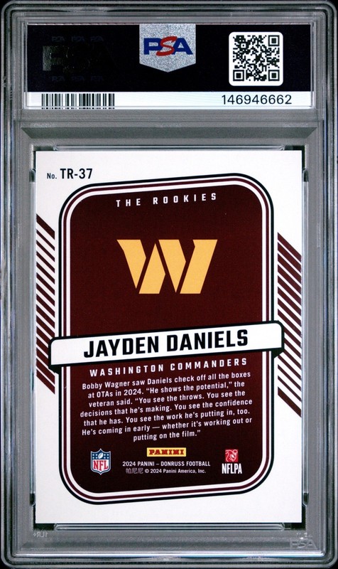2024 Panini Donruss Football Jayden Daniels #TR-37 The Rookies PSA 10 view 2