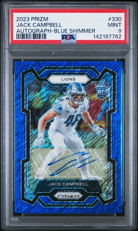 2023 Panini Prizm Football Jack Campbell #330 Blue Shimmer Auto /25 PSA 9