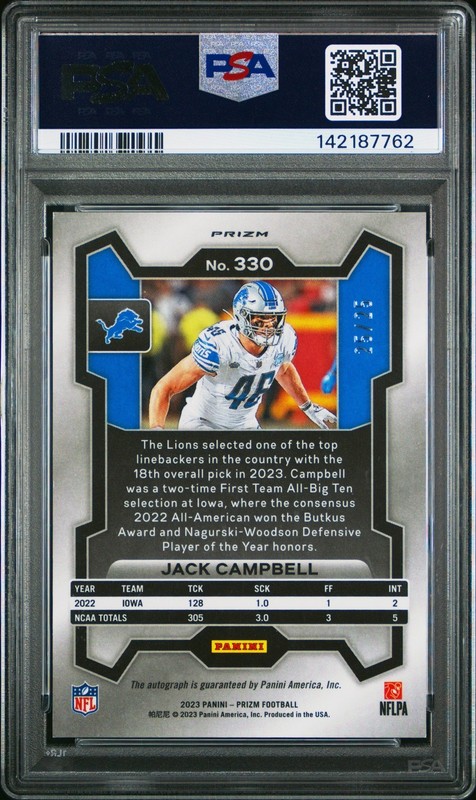 2023 Panini Prizm Football Jack Campbell #330 Blue Shimmer Auto /25 PSA 9 view 2
