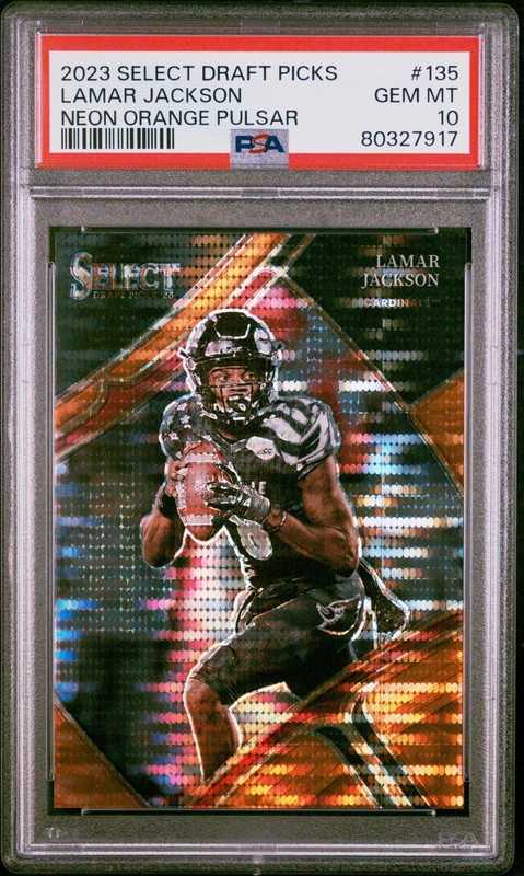 2023 Select Draft Picks Lamar Jackson #135 Neon Orange Pulsar /26 PSA 10