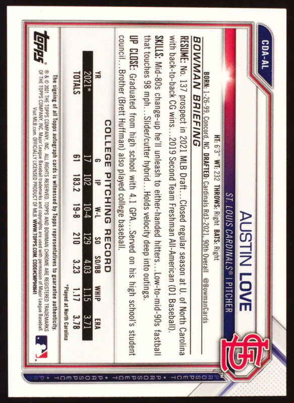 2021 Bowman Draft Chrome Auto Austin Love #CDA-AL Blue Wave Refractor /150 (RC) view 2