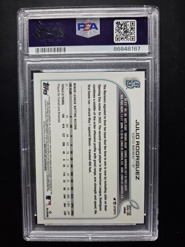 2022 Topps Chrome Update Julio Rodriguez Rookie RC #USC150 PSA 9 Mariners view 2