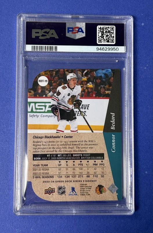 2023 Upper Deck Connor Bedard Blackhawks 94-95 Rookie Die Cuts #RDT19 PSA 8 RC view 2