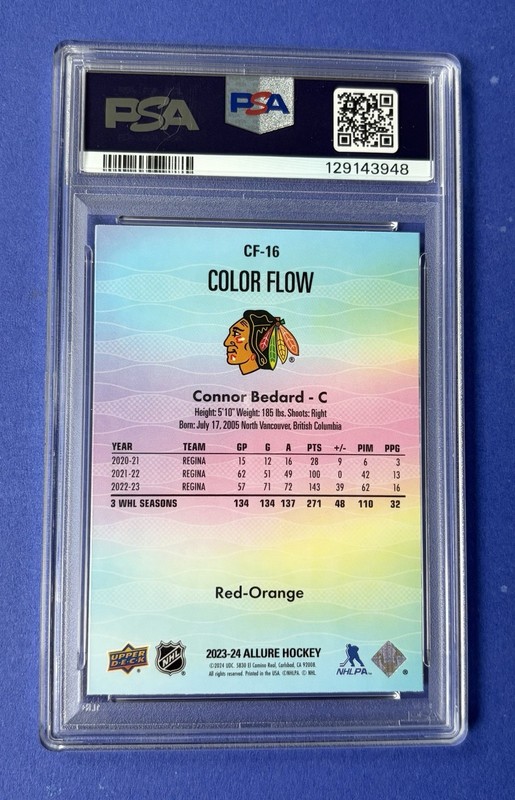 2023 UD Allure Connor Bedard Chicago Blackhawks Color Flow Red Ornge #CF16 PSA 8 view 2
