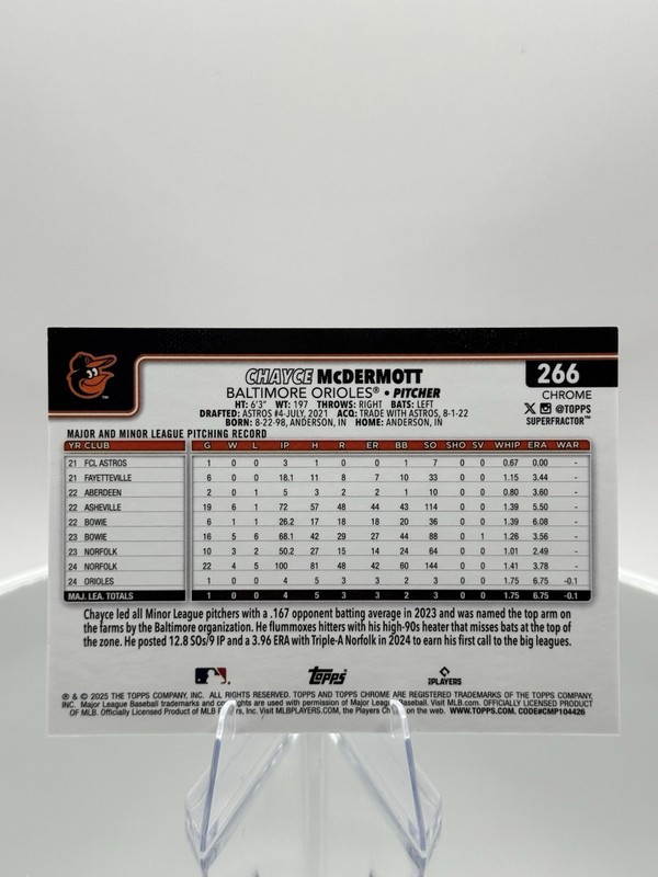 2025 Topps Chrome Baseball Chayce McDermott Superfractor 1/1  view 2