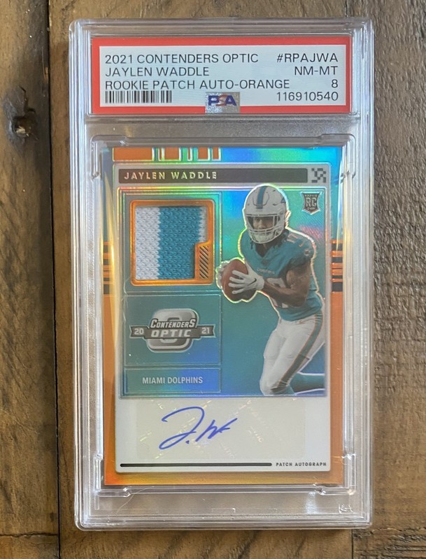 2021 Contenders Optic Jaylen Waddle Rookie Patch Auto Orange #/25 - PSA 8