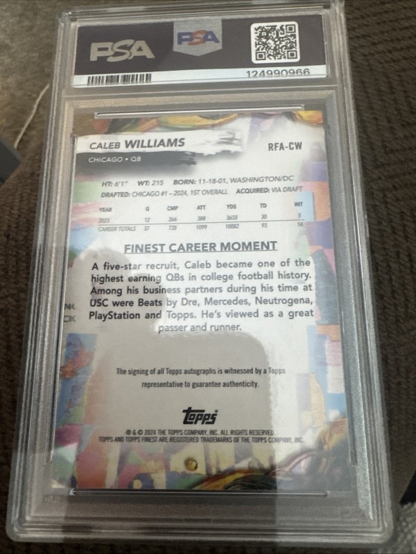 2024 Topps Finest Caleb Williams RC Auto PSA 10 view 2