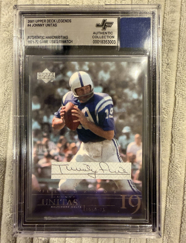 Upper Deck 2001 Legends Johnny Unitas #4 Auto 1971-72 GU Swatch BGS auth written view 1