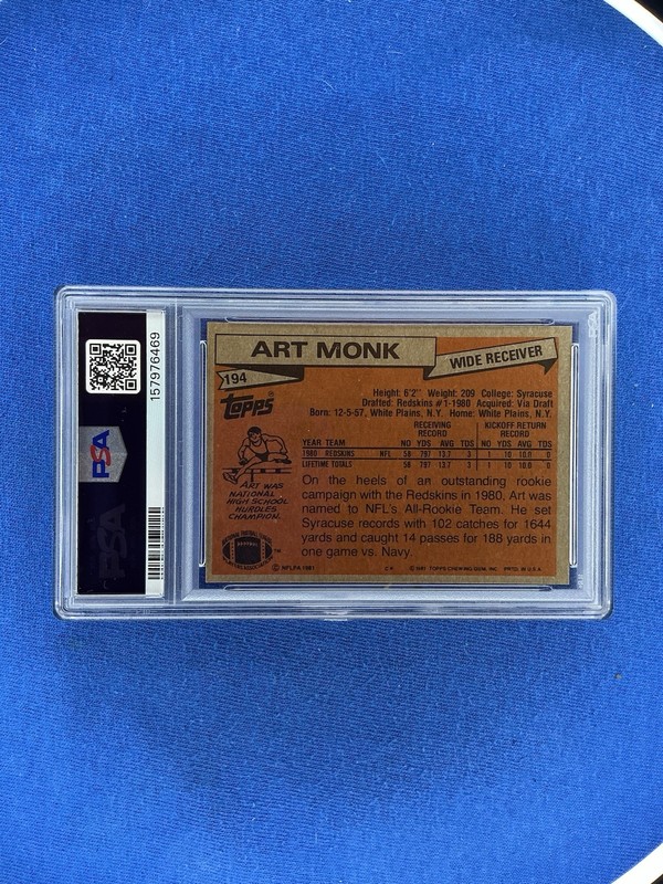 1981 Topps Art Monk Vintage Football Rookie Card RC #194 - PSA 8 view 2