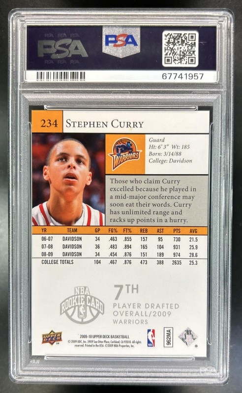 2009-10 Upper Deck Stephen Curry Rookie RC #234 Warriors PSA 9 view 2