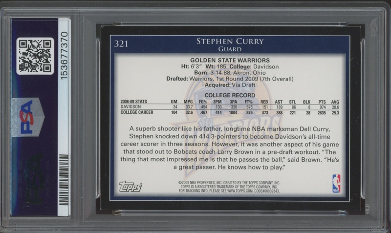 2009 Topps #321 Stephen Curry RC Rookie EX-MT PSA 6 view 2