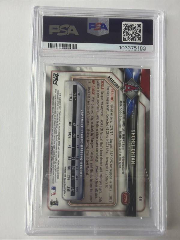 2018 Bowman Shohei Ohtani #49 (RC) PSA 9 view 2
