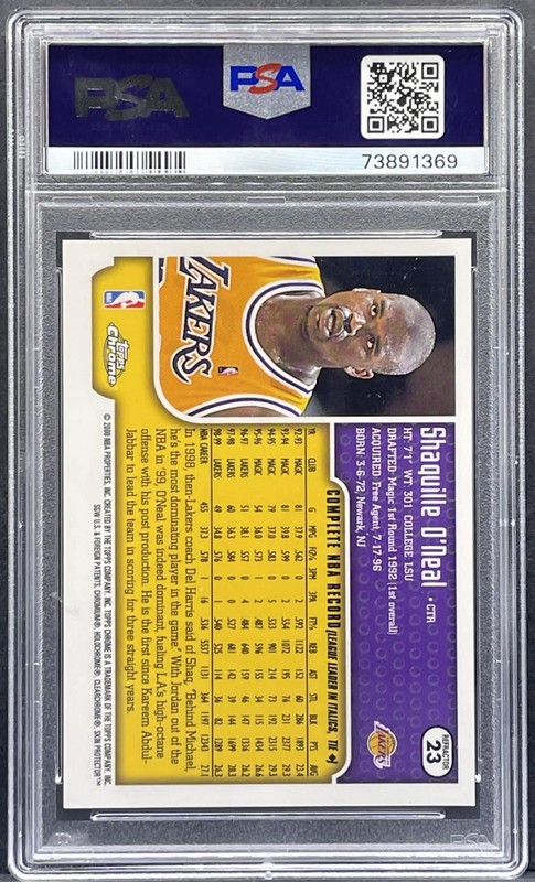 1999-00 TOPPS CHROME #23 SHAQUILLE O'NEAL REFRACTOR - LAKERS PSA 9 MINT (POP 33) view 2