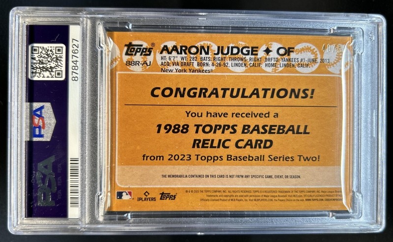 2023 Topps Aaron Judge 1988 35th Anniversary Series Two Jersey Gold #/50 PSA 10 view 2