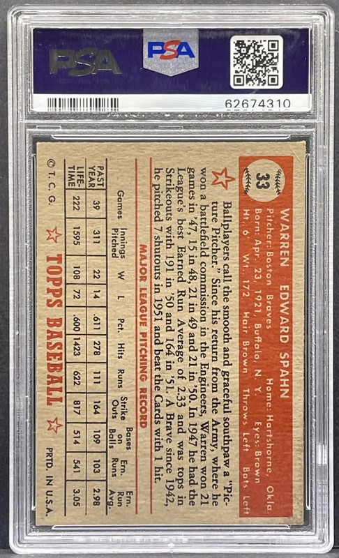 1952 Topps Baseball #33 Warren Spahn Red Back - Boston Braves HOF - PSA 4 VG-EX view 2