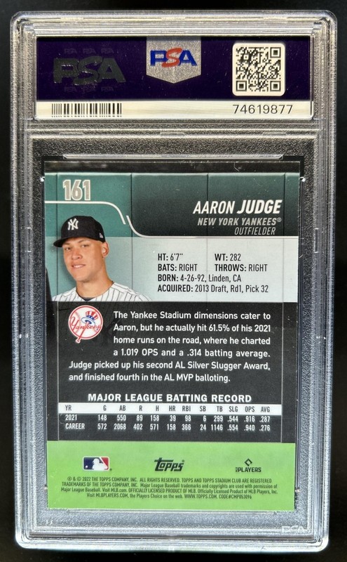2022 Topps Stadium Club Aaron Judge Chrome #161 Yankees PSA 10 GEM MINT view 2