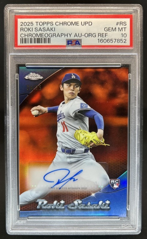2025 Topps Chrome Roki Sasaki Chromeography RC Orange Refractor Auto #/25 PSA 10