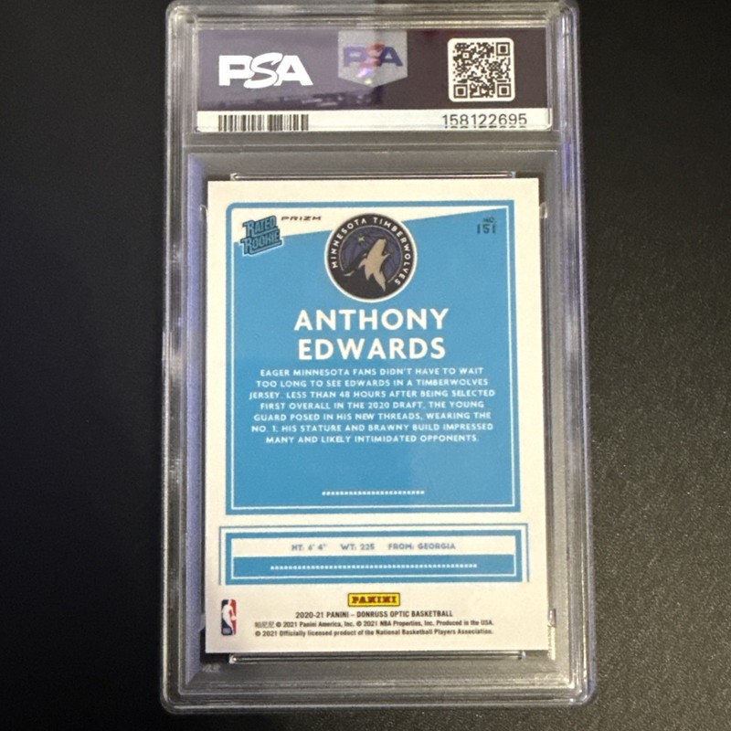 2020-21 Donruss Optic ANTHONY EDWARDS Rated Rookie Blue Velocity Prizm SP PSA 10 view 2