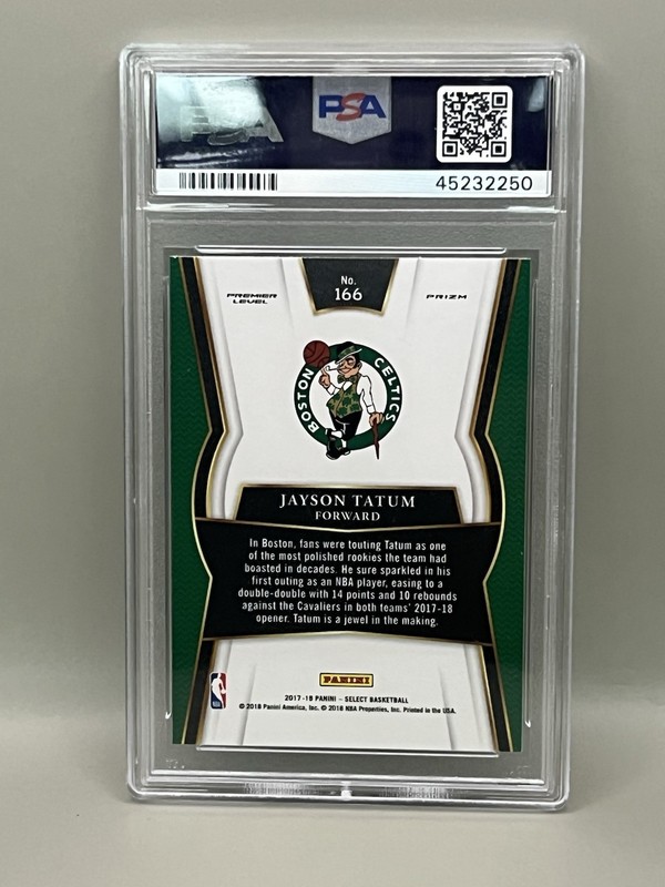 2017-18 Panini Select - Premier Level Jayson Tatum #166 Silver Prizm (RC) PSA 10 view 2
