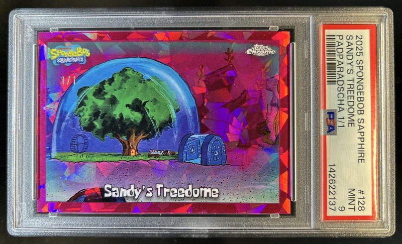 2025 Topps Chrome SpongeBob Sapphire Sandy's Treedome Padparadscha #1/1 PSA 9
