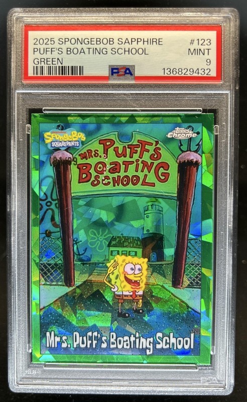 2025 Topps Chrome SpongeBob Sapphire Mrs. Puff's Boating School Green #/99 PSA 9