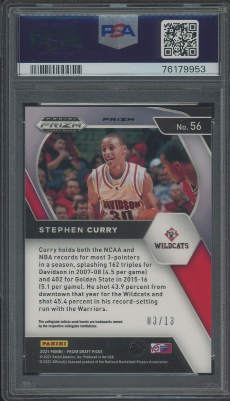 2021 Panini Blue Shimmer Prizm DP #56 Stephen Curry Davidson 3/13 PSA 10 view 2