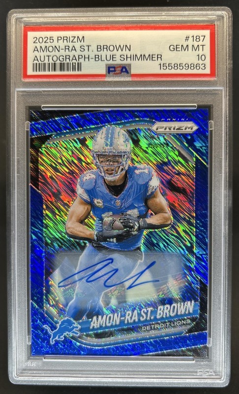 2025 Panini Prizm Amon-Ra St. Brown Auto Blue Shimmer #/25 Lions PSA 10 GEM MINT