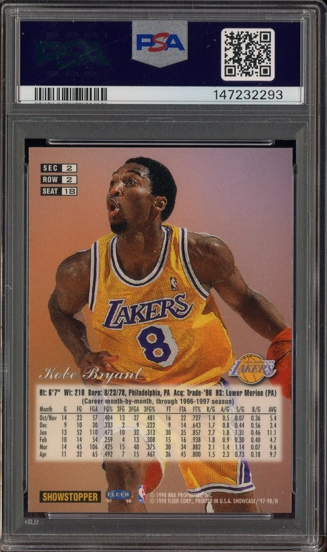 1997 Flair Showcase Row 2 #18 Kobe Bryant Lakers HOF PSA 9 MINT view 2