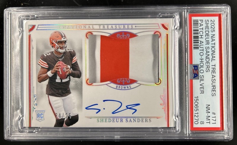 2025 National Treasures Shedeur Sanders Rookie Patch Auto Holo Silver #/25 PSA 8