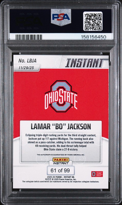 Lamar “Bo” Jackson 2025 Panini Instant NIL Ohio State Rookie Auto PSA 10 view 2