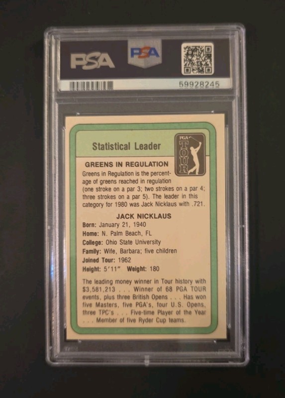 1981 Donruss Golf #NNO  Statistical Leader JACK NICKLAUS  PSA 8 NM-MT view 2