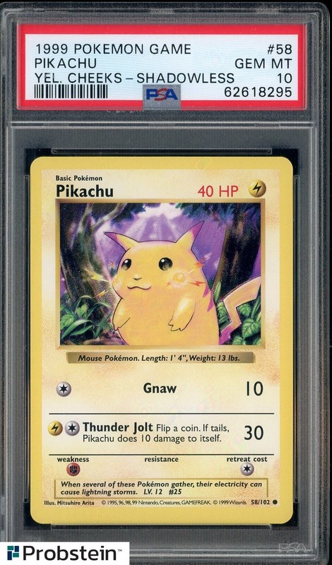 1999 Pokemon Yellow Cheeks Shadowless #58 Pikachu PSA 10 GEM MINT