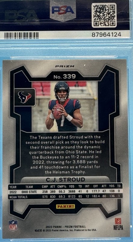 Panini 2023 Prizm C.J. Stroud Houston Texans #339 Lazer Rookie PSA 10 view 2