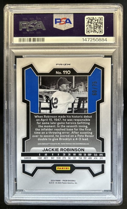 2024 Panini Prizm Jackie Robinson Blue Pulsar #/75 Dodgers PSA 10 GEM MINT view 2