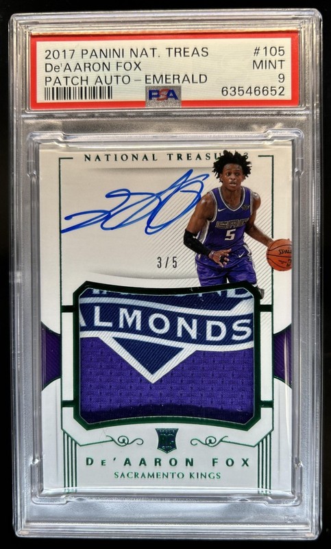 2017-18 National Treasures De Aaron Fox Rookie Patch Auto Emerald RC #/5 PSA 9