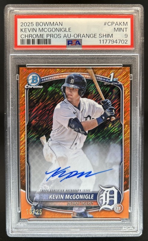 2025 Bowman Kevin McGonigle Chrome Auto Orange Shimmer Refractor 1st #/25 PSA 9