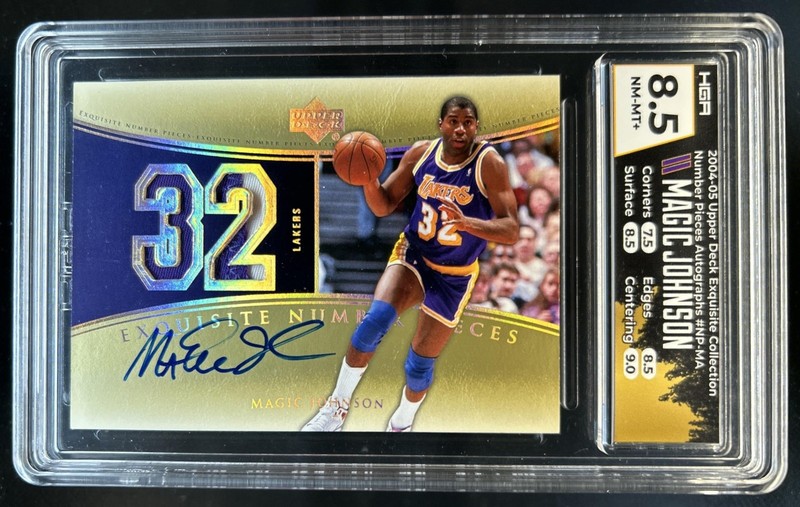 2004-05 Upper Deck Exquisite Magic Johnson Number Patch Auto #/32 HGA 8.5/9