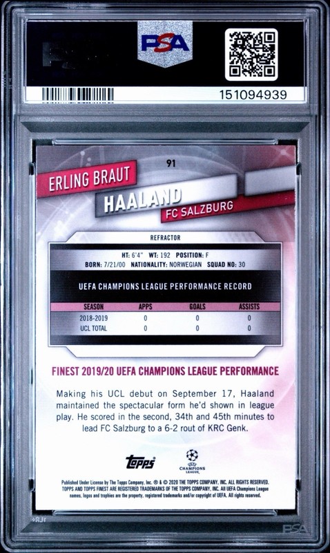 Erling Haaland 2019 Topps Finest UCL Rookie Refractor #91 PSA 9 view 2