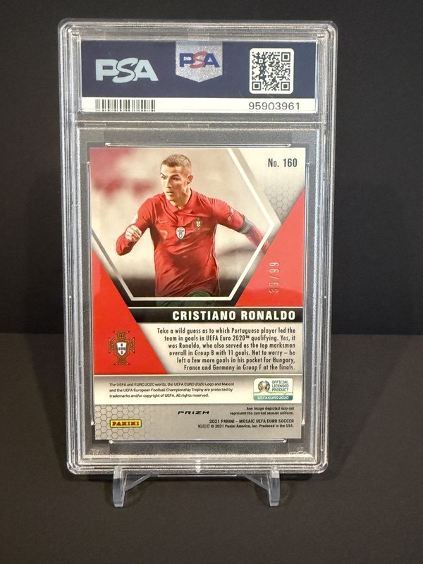 Cristiano Ronaldo RARE Blue Mosaic 2020 UEFA EURO /99 PSA 9 view 2